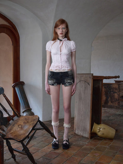 French V-Neck Puff Sleeve Waist-Cinched Hem Lace Shirt【s0000017186】