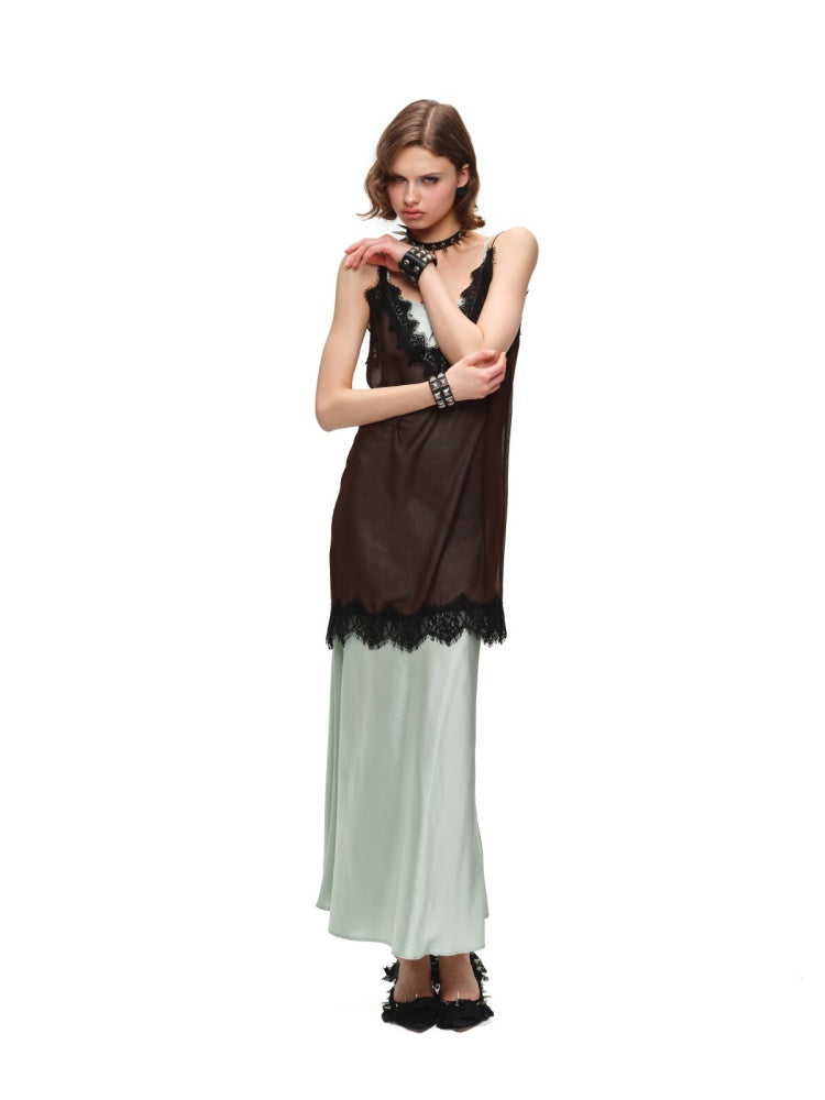 Deep V-Neck Chiffon Satin Layered Dress【s0000017192】