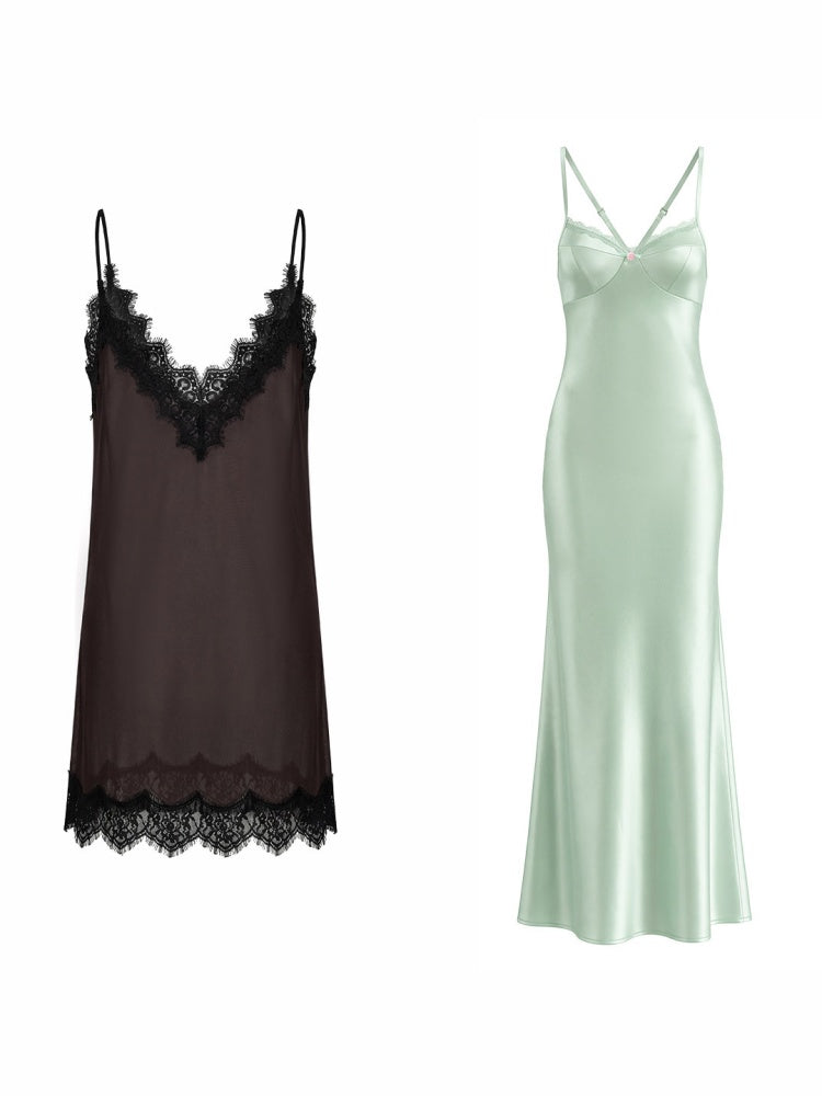 Deep V-Neck Chiffon Satin Layered Dress【s0000017192】