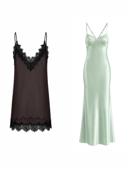 Deep V-Neck Chiffon Satin Layered Dress【s0000017192】