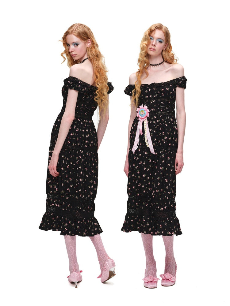 Large U-Neck Puff Sleeve Floral Button Long Dress【s0000017193】