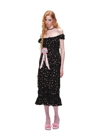Large U-Neck Puff Sleeve Floral Button Long Dress【s0000017193】