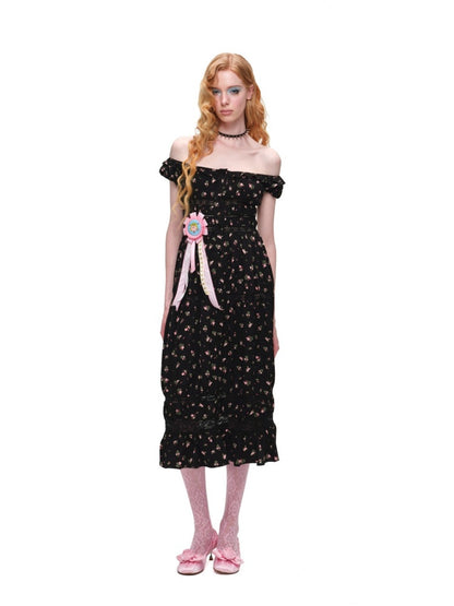 Large U-Neck Puff Sleeve Floral Button Long Dress【s0000017193】