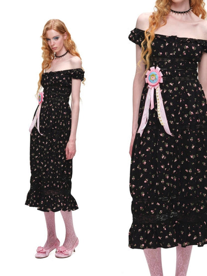 Large U-Neck Puff Sleeve Floral Button Long Dress【s0000017193】