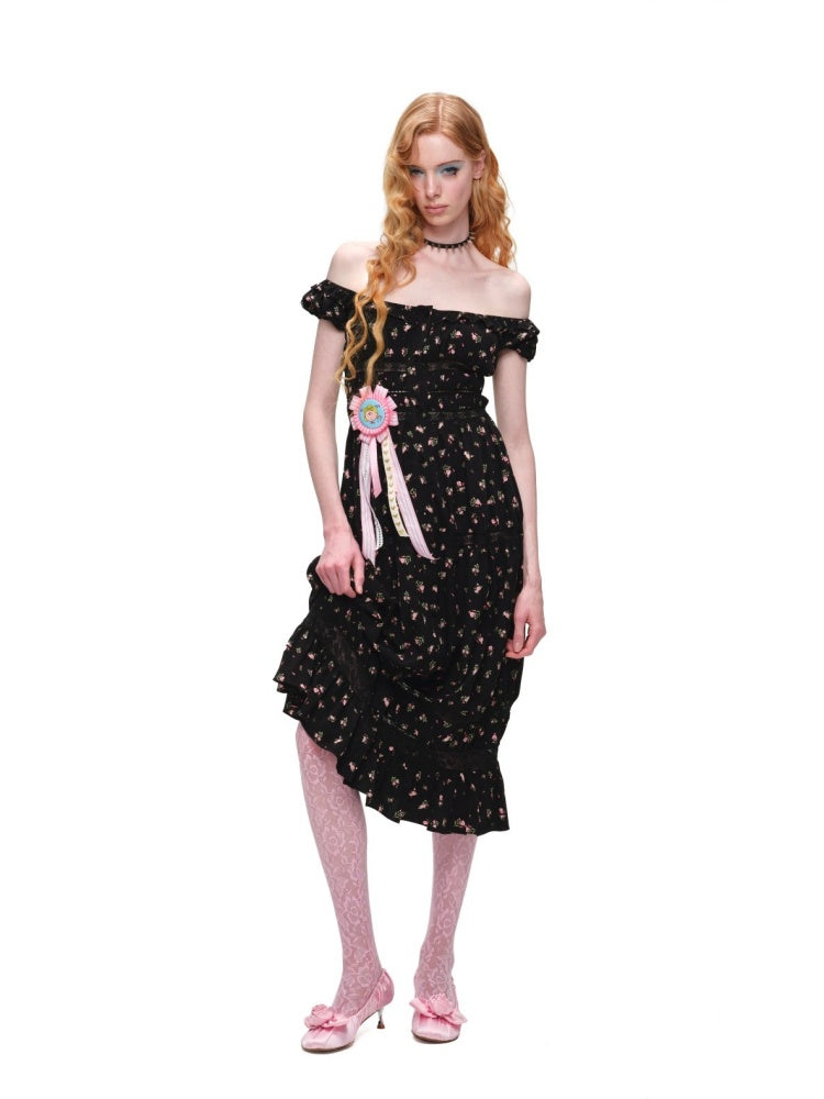 Large U-Neck Puff Sleeve Floral Button Long Dress【s0000017193】