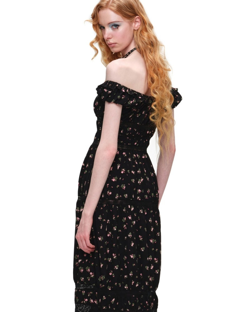 Large U-Neck Puff Sleeve Floral Button Long Dress【s0000017193】