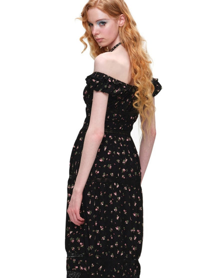 Large U-Neck Puff Sleeve Floral Button Long Dress【s0000017193】