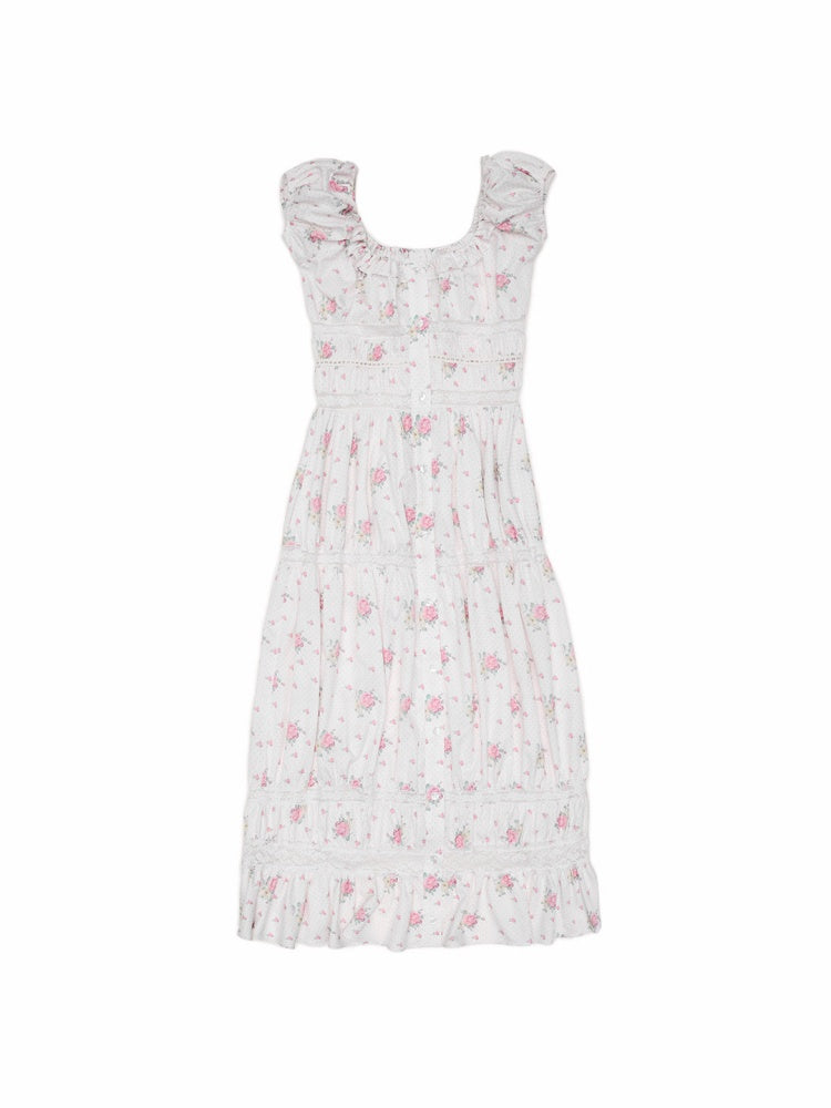 Large U-Neck Puff Sleeve Floral Button Long Dress【s0000017193】