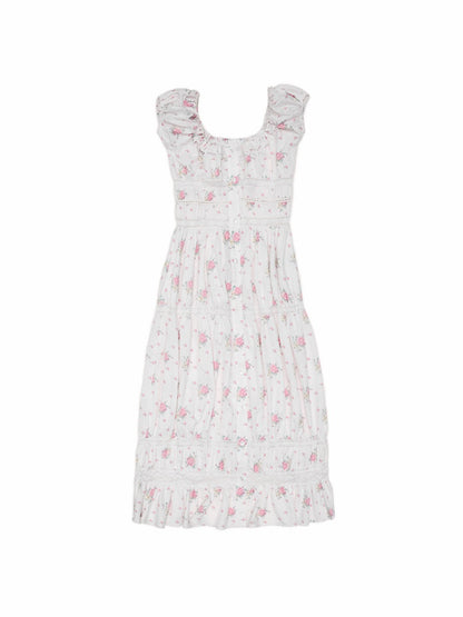 Large U-Neck Puff Sleeve Floral Button Long Dress【s0000017193】