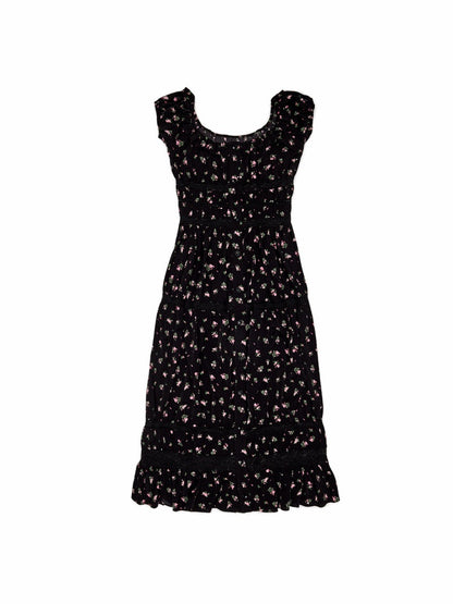 Large U-Neck Puff Sleeve Floral Button Long Dress【s0000017193】