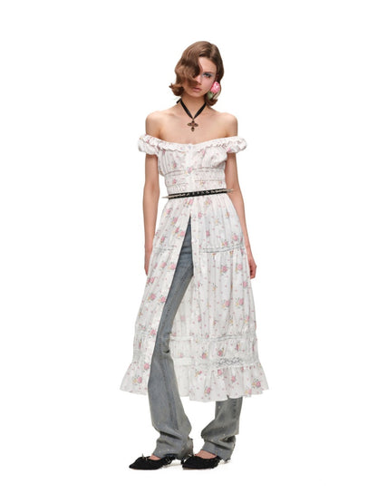 Large U-Neck Puff Sleeve Floral Button Long Dress【s0000017193】