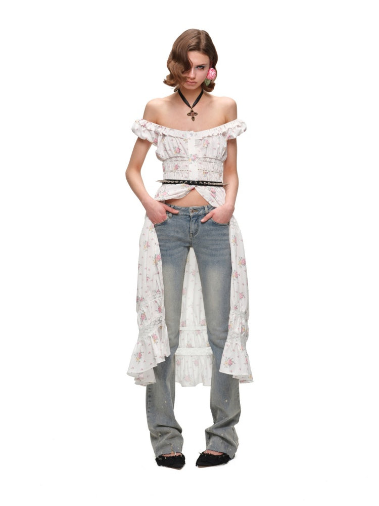 Large U-Neck Puff Sleeve Floral Button Long Dress【s0000017193】