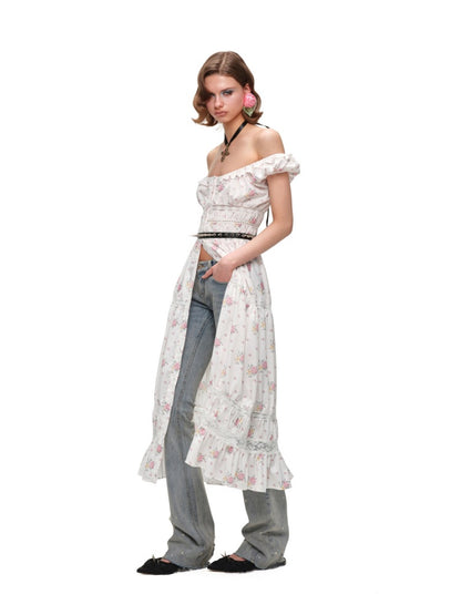 Large U-Neck Puff Sleeve Floral Button Long Dress【s0000017193】