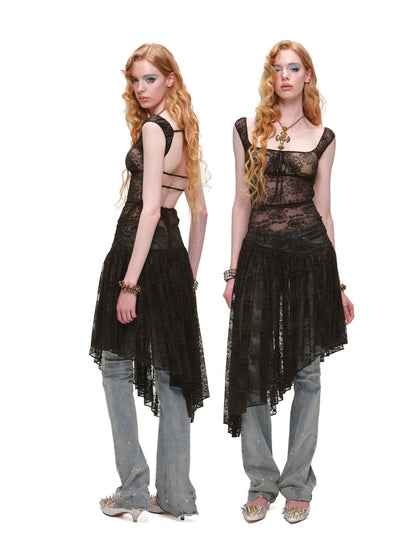 Backless Floral Lace Irregular Hem Dress 【s0000017195】