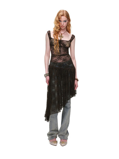 Backless Floral Lace Irregular Hem Dress 【s0000017195】