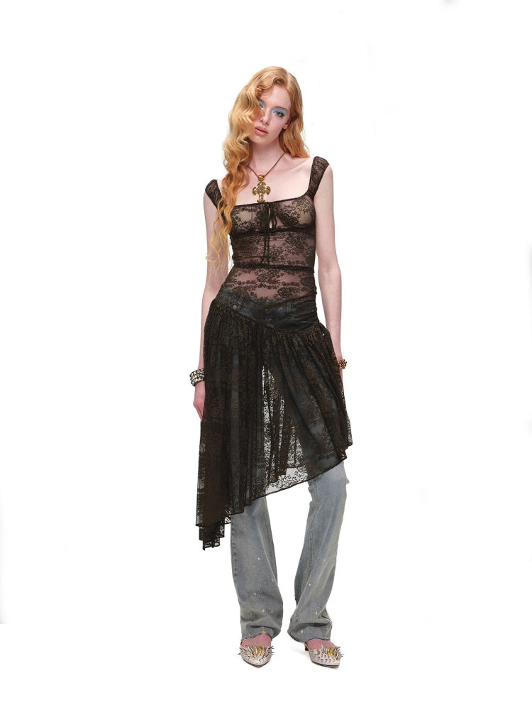 Backless Floral Lace Irregular Hem Dress 【s0000017195】