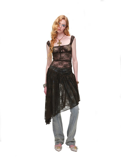 Backless Floral Lace Irregular Hem Dress 【s0000017195】