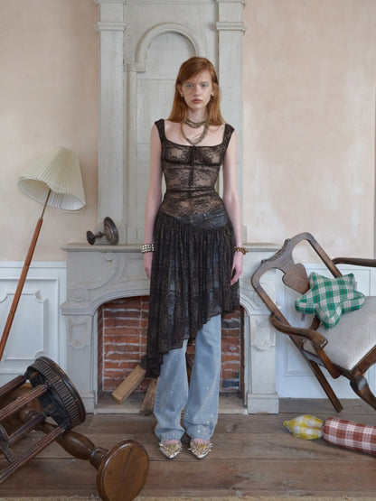 Backless Floral Lace Irregular Hem Dress 【s0000017195】