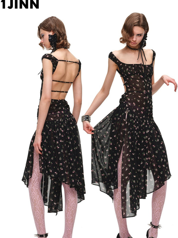 Backless Floral Print Irregular Hem Dress【s0000017197】