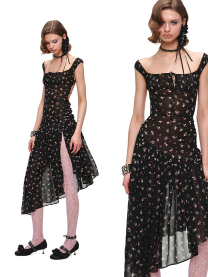 Backless Floral Print Irregular Hem Dress【s0000017197】