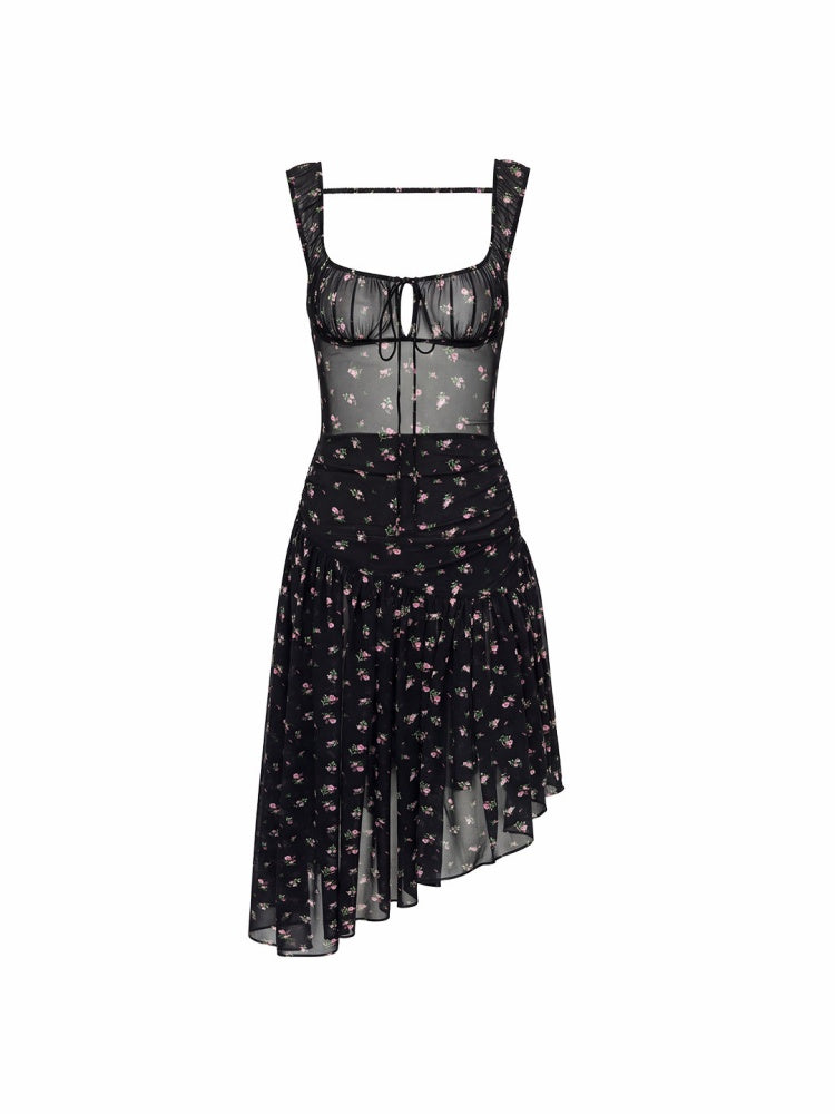 Backless Floral Print Irregular Hem Dress【s0000017197】