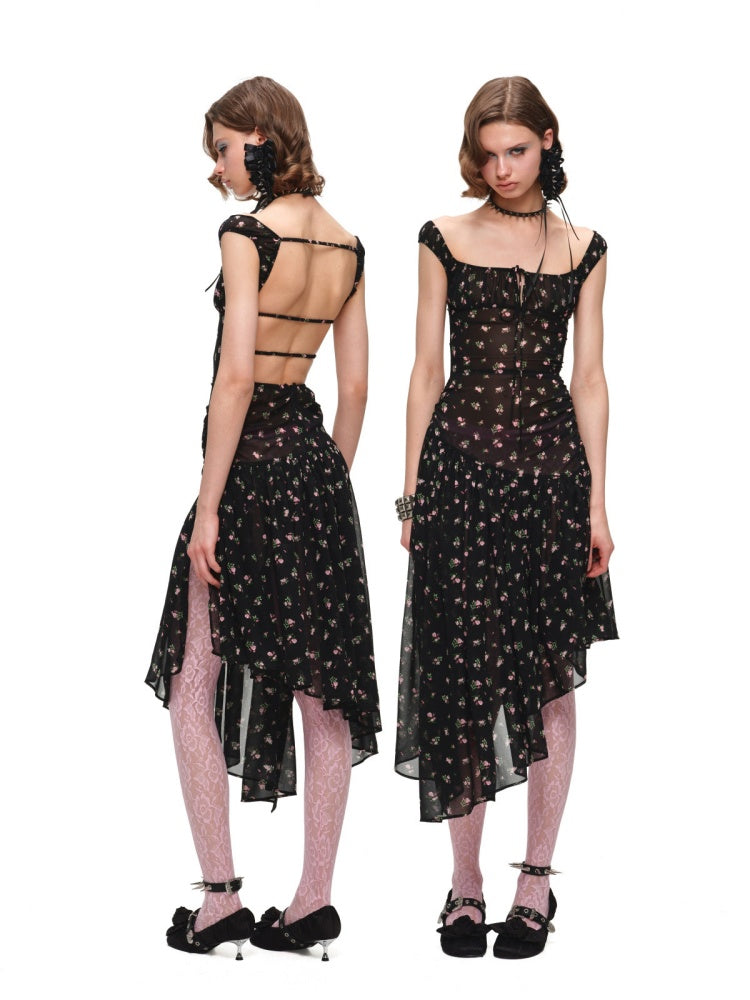 Backless Floral Print Irregular Hem Dress【s0000017197】