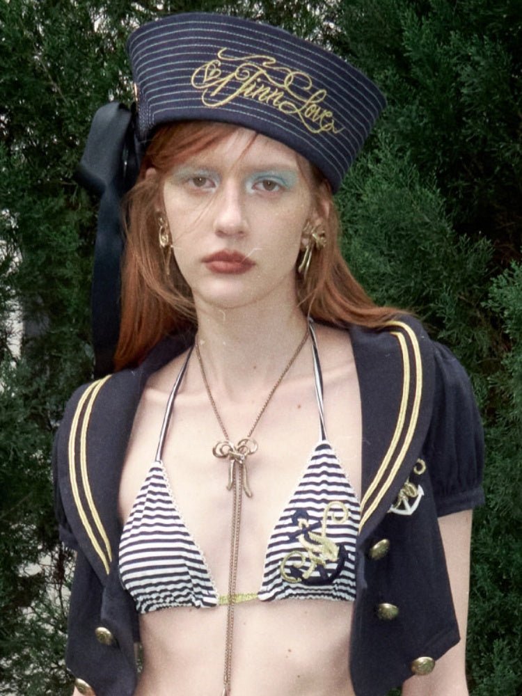 Navy Style Border Embroidered Strap Halter Bikini【s0000017198】