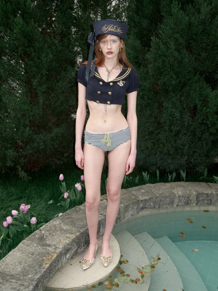 Navy Style Border Embroidered Strap Halter Bikini【s0000017198】
