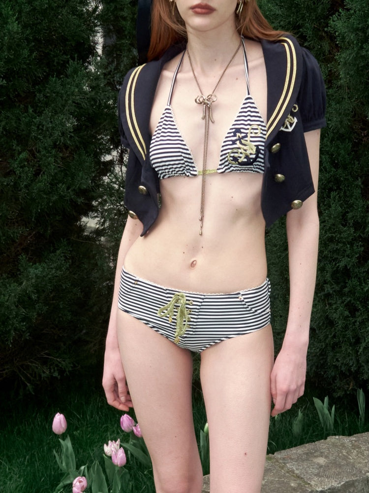 Navy Style Border Embroidered Strap Halter Bikini【s0000017198】