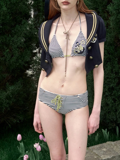 Navy Style Border Embroidered Strap Halter Bikini【s0000017198】