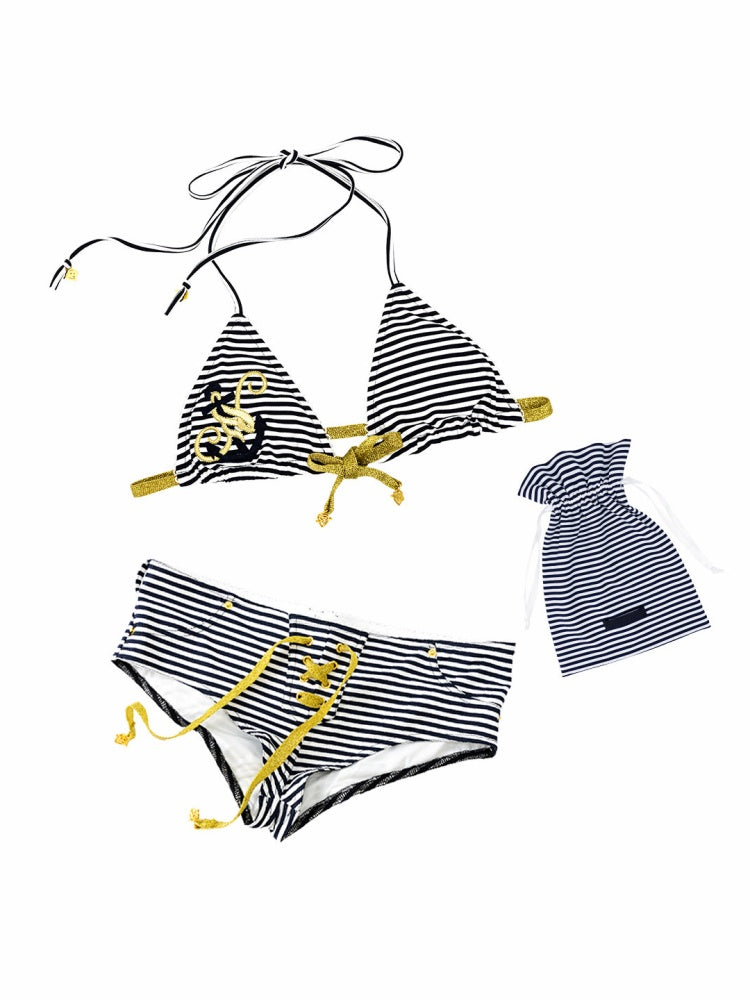 Navy Style Border Embroidered Strap Halter Bikini【s0000017198】
