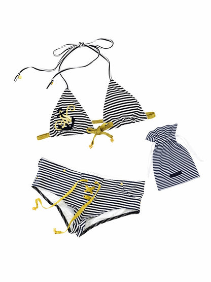 Navy Style Border Embroidered Strap Halter Bikini【s0000017198】