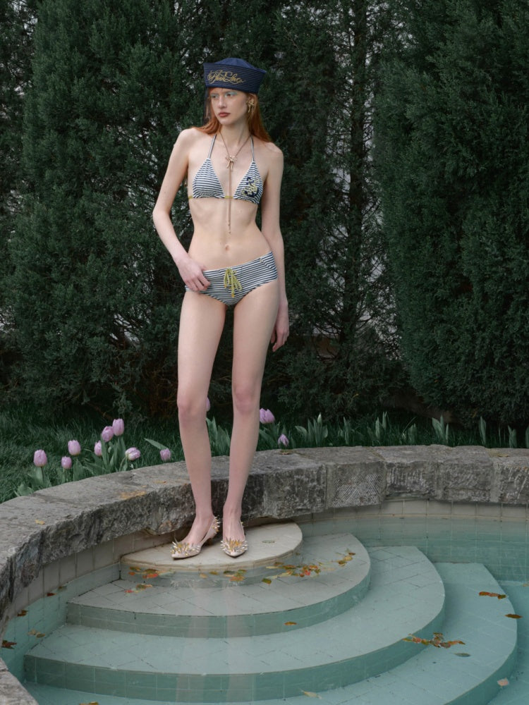 Navy Style Border Embroidered Strap Halter Bikini【s0000017198】