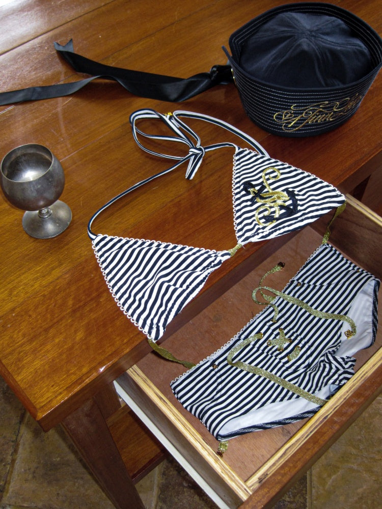 Navy Style Border Embroidered Strap Halter Bikini【s0000017198】