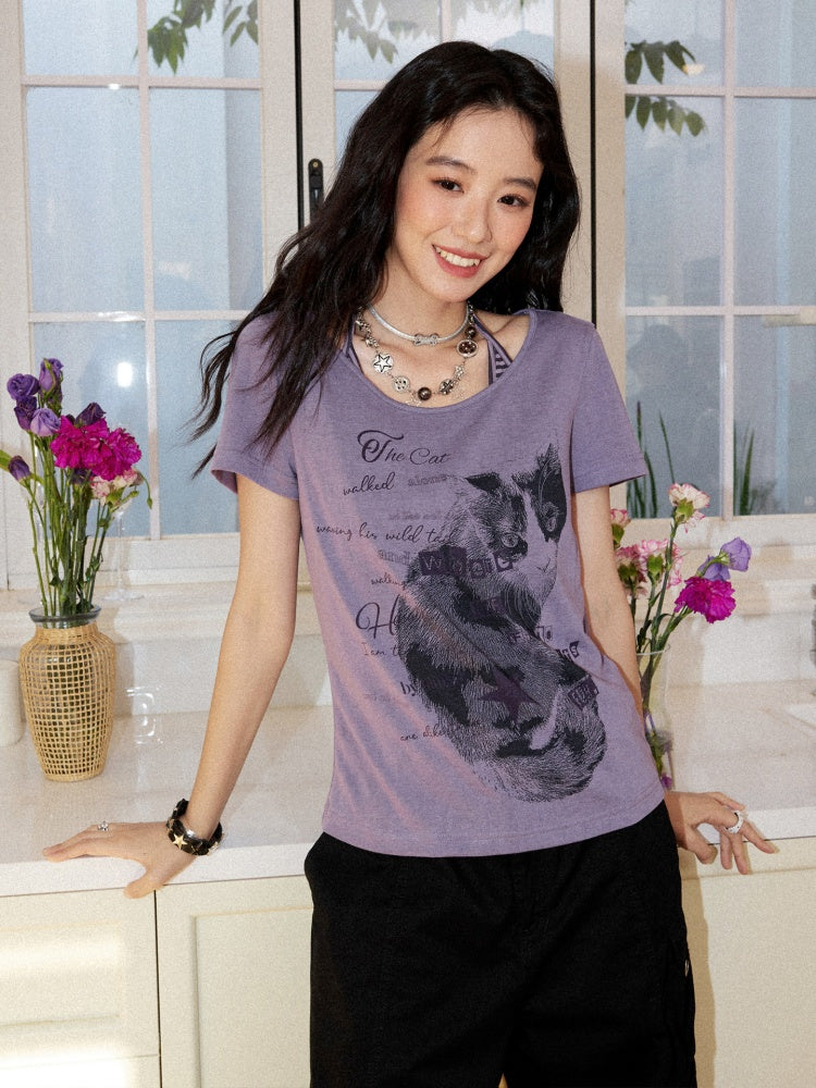 Cat Print Crew Neck Short-Sleeve T-Shirt【s0000017199】