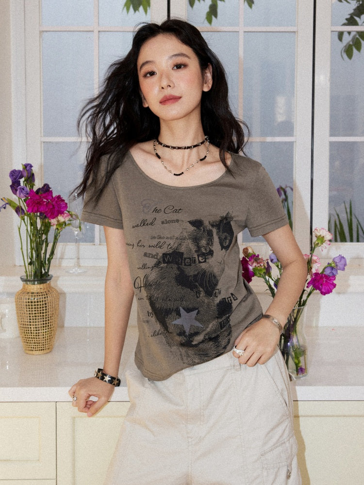 Cat Print Crew Neck Short-Sleeve T-Shirt【s0000017199】