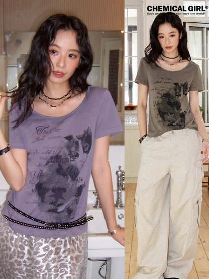 Cat Print Crew Neck Short-Sleeve T-Shirt【s0000017199】