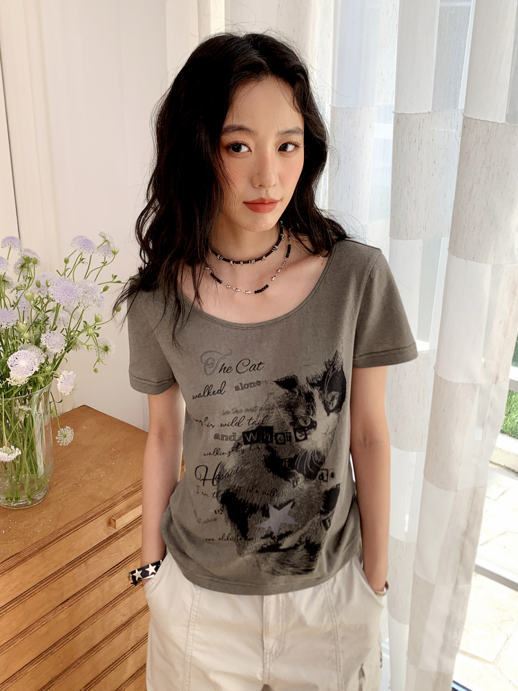 Cat Print Crew Neck Short-Sleeve T-Shirt【s0000017199】