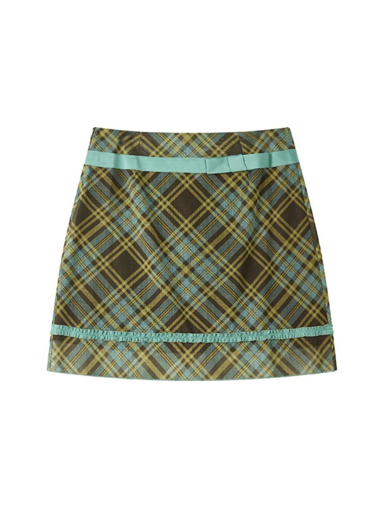 Mesh Color-Block Plaid Satin Bow Pleated A-Line Short Skirt【s0000017200】