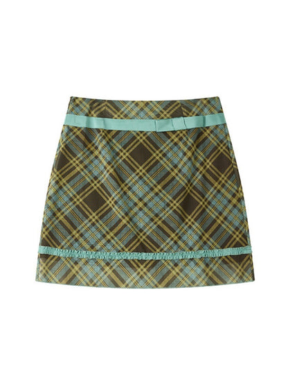 Mesh Color-Block Plaid Satin Bow Pleated A-Line Short Skirt【s0000017200】