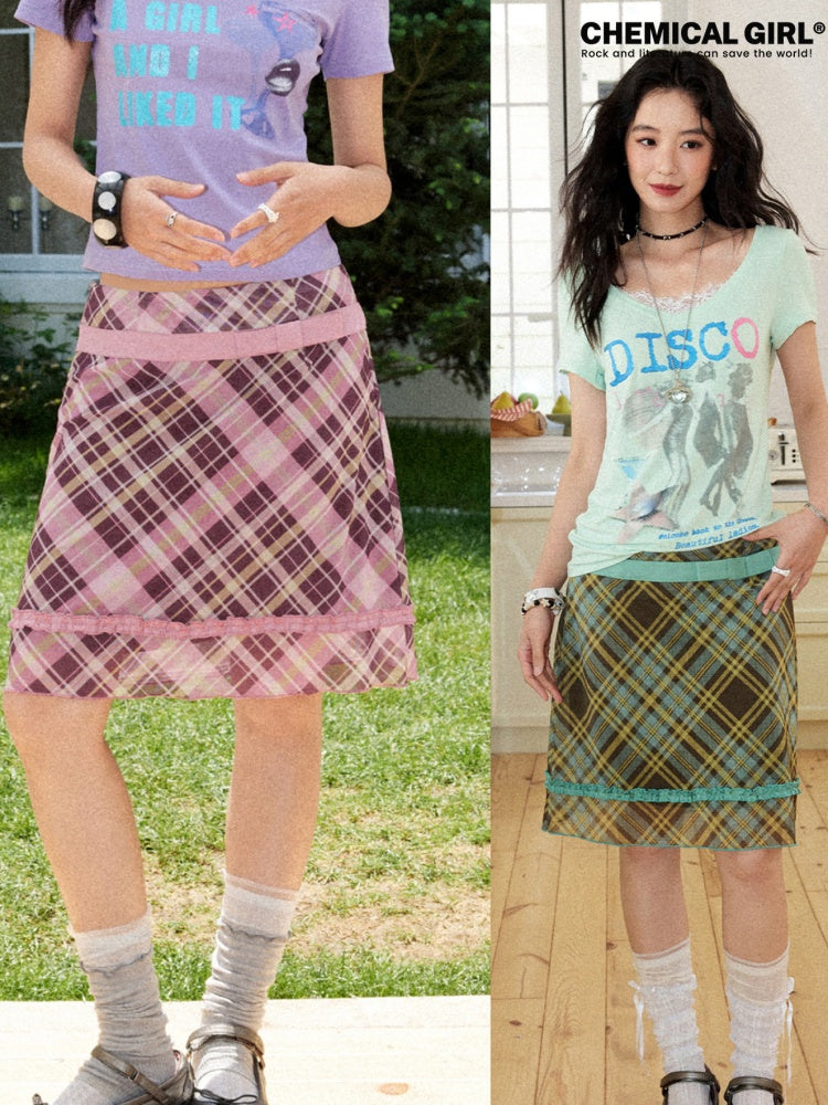 Mesh Color-Block Plaid Satin Bow Pleated A-Line Short Skirt【s0000017200】