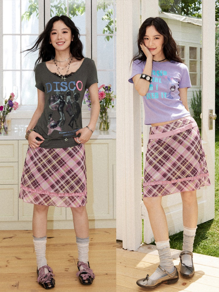 Mesh Color-Block Plaid Satin Bow Pleated A-Line Short Skirt【s0000017200】