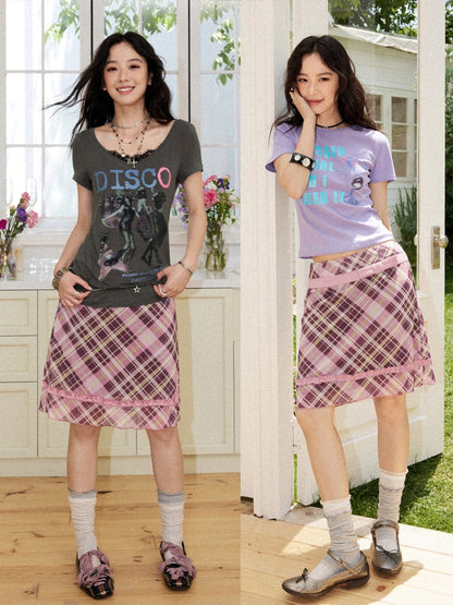 Mesh Color-Block Plaid Satin Bow Pleated A-Line Short Skirt【s0000017200】