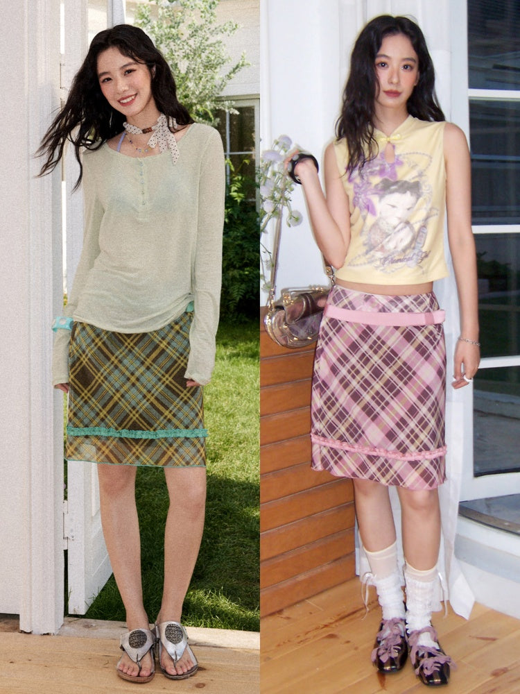 Mesh Color-Block Plaid Satin Bow Pleated A-Line Short Skirt【s0000017200】