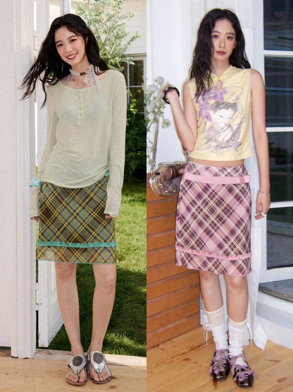 Mesh Color-Block Plaid Satin Bow Pleated A-Line Short Skirt【s0000017200】