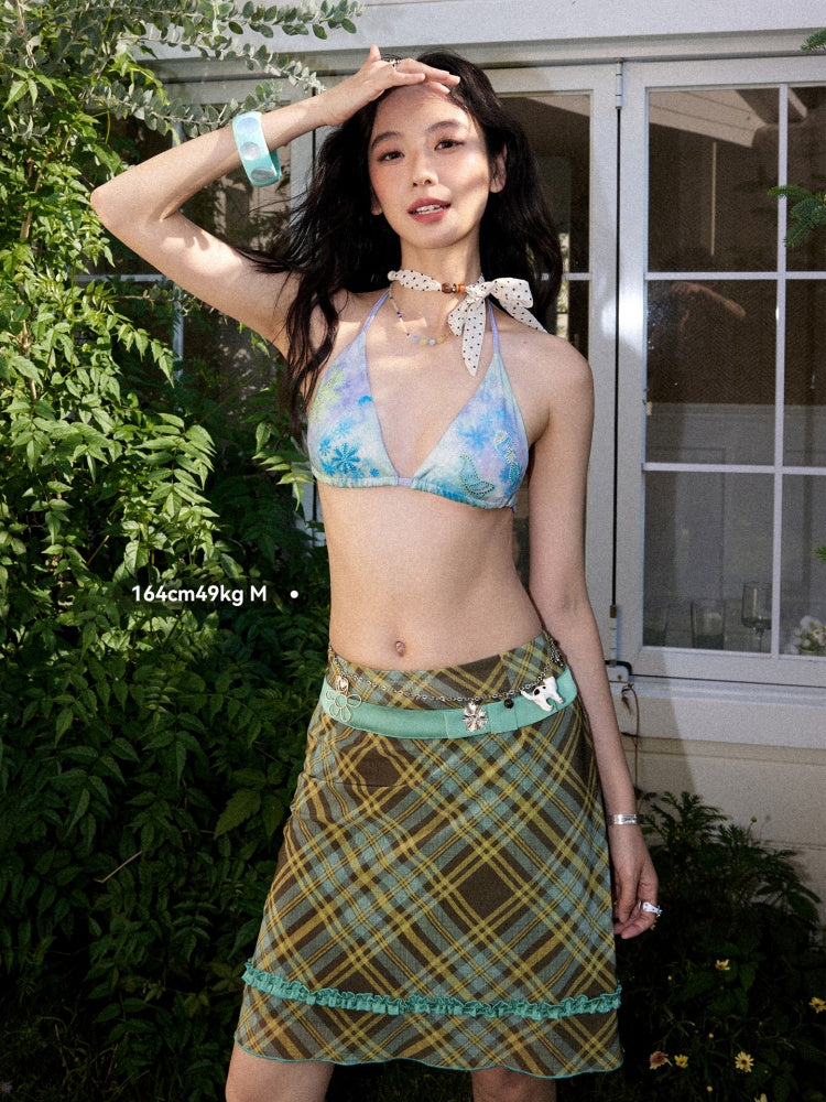 Mesh Color-Block Plaid Satin Bow Pleated A-Line Short Skirt【s0000017200】
