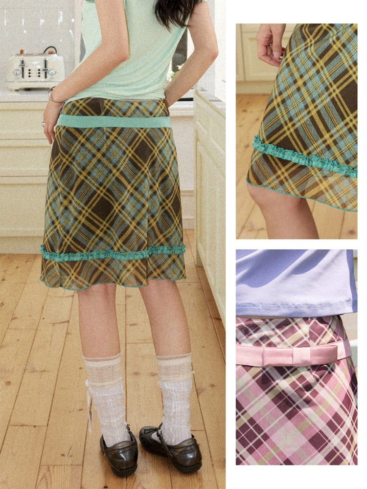 Mesh Color-Block Plaid Satin Bow Pleated A-Line Short Skirt【s0000017200】