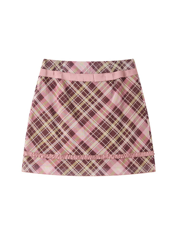 Mesh Color-Block Plaid Satin Bow Pleated A-Line Short Skirt【s0000017200】