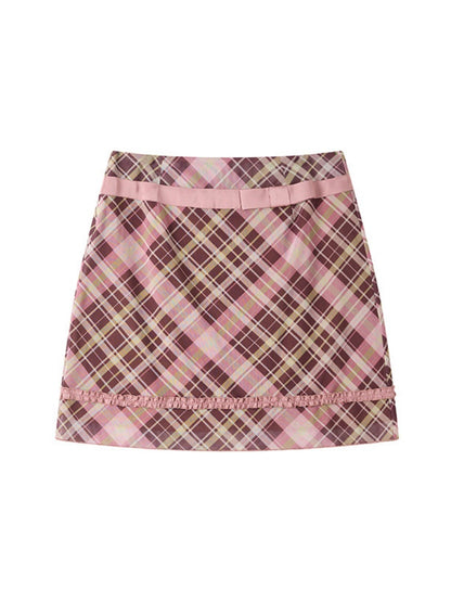 Mesh Color-Block Plaid Satin Bow Pleated A-Line Short Skirt【s0000017200】