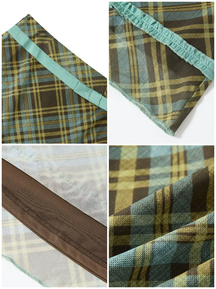Mesh Color-Block Plaid Satin Bow Pleated A-Line Short Skirt【s0000017200】